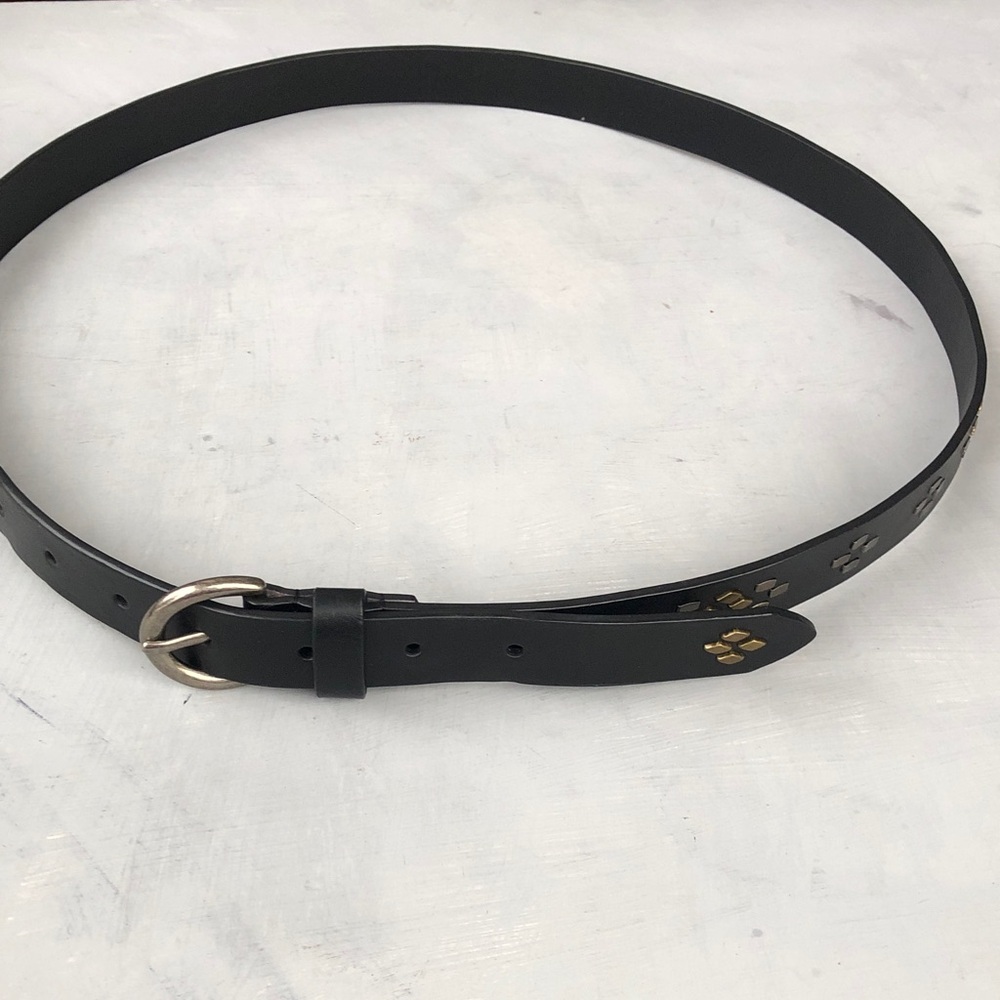 Black Leather Belt with Patterned Brass & Chrome Metal Inlay Accents, 40” fit